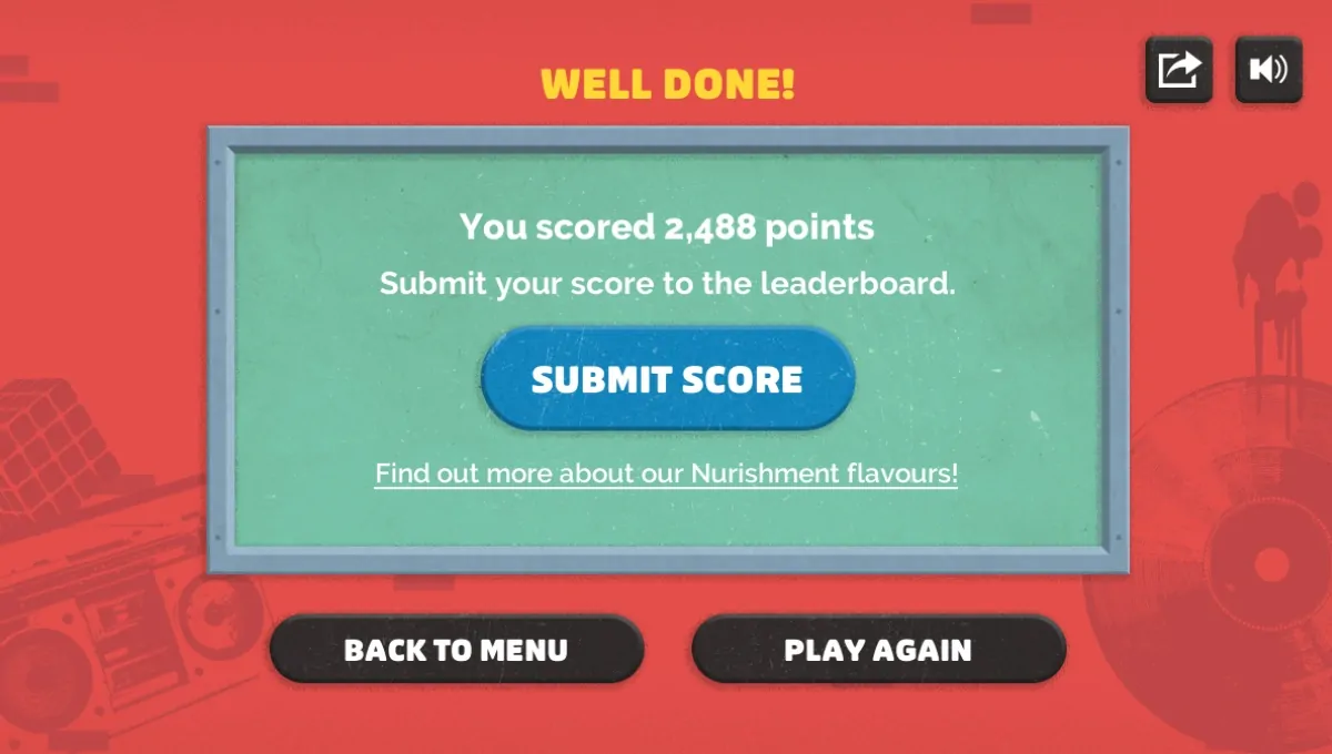 Nurishment Branded Game Score Submission Screen
