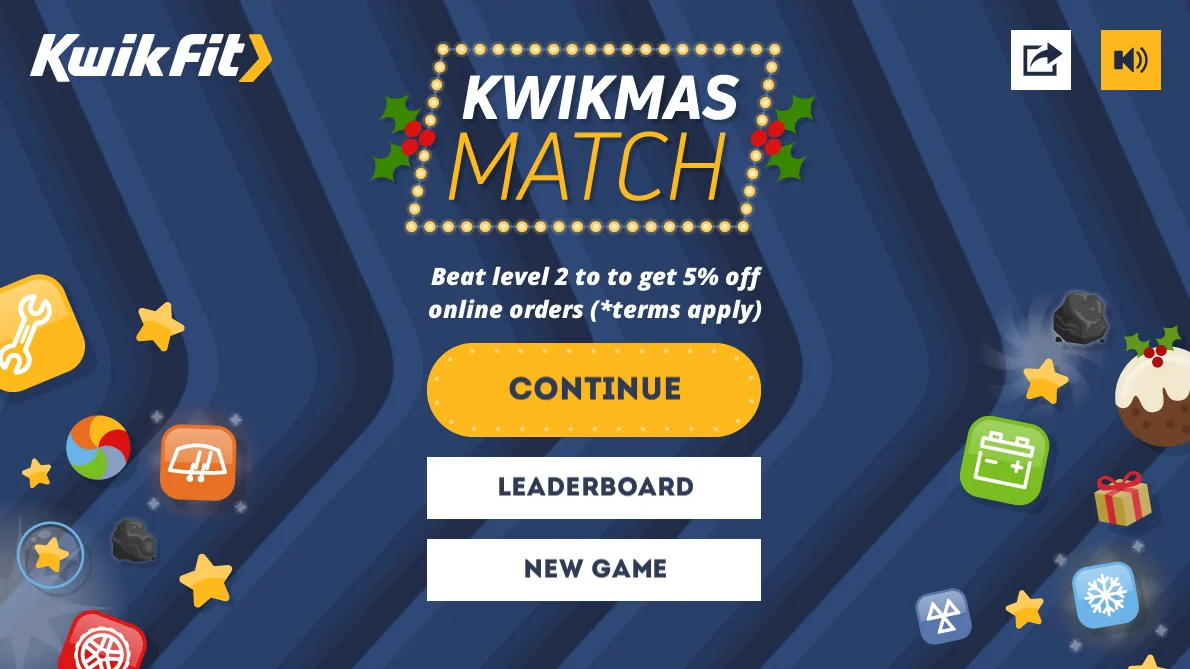 Kwik Fit Match-3 Branded Game Menu Screen