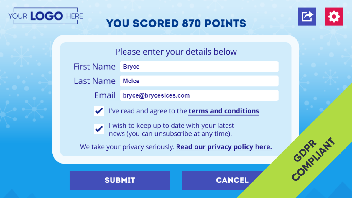Frosty Fortress Submit Score Screen