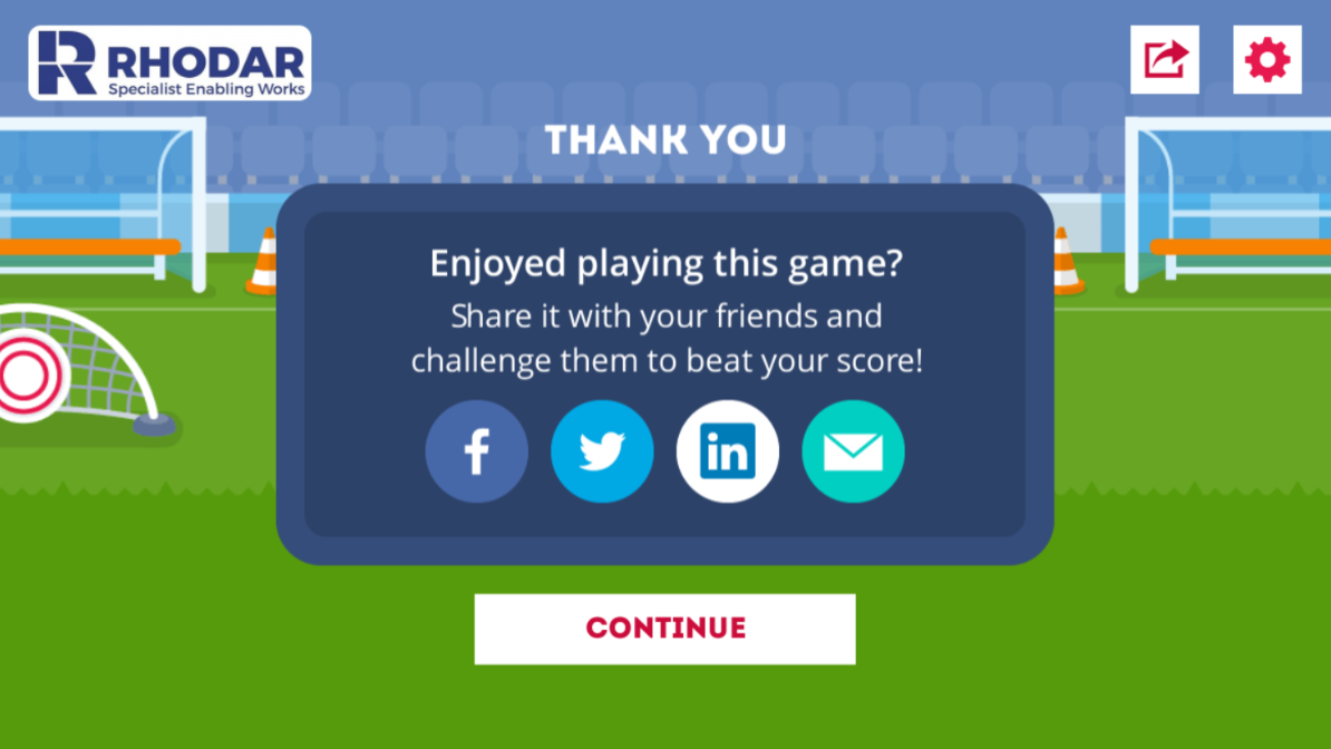 Rhodar Soccer Skill Shot Branded Game Social Share Screen