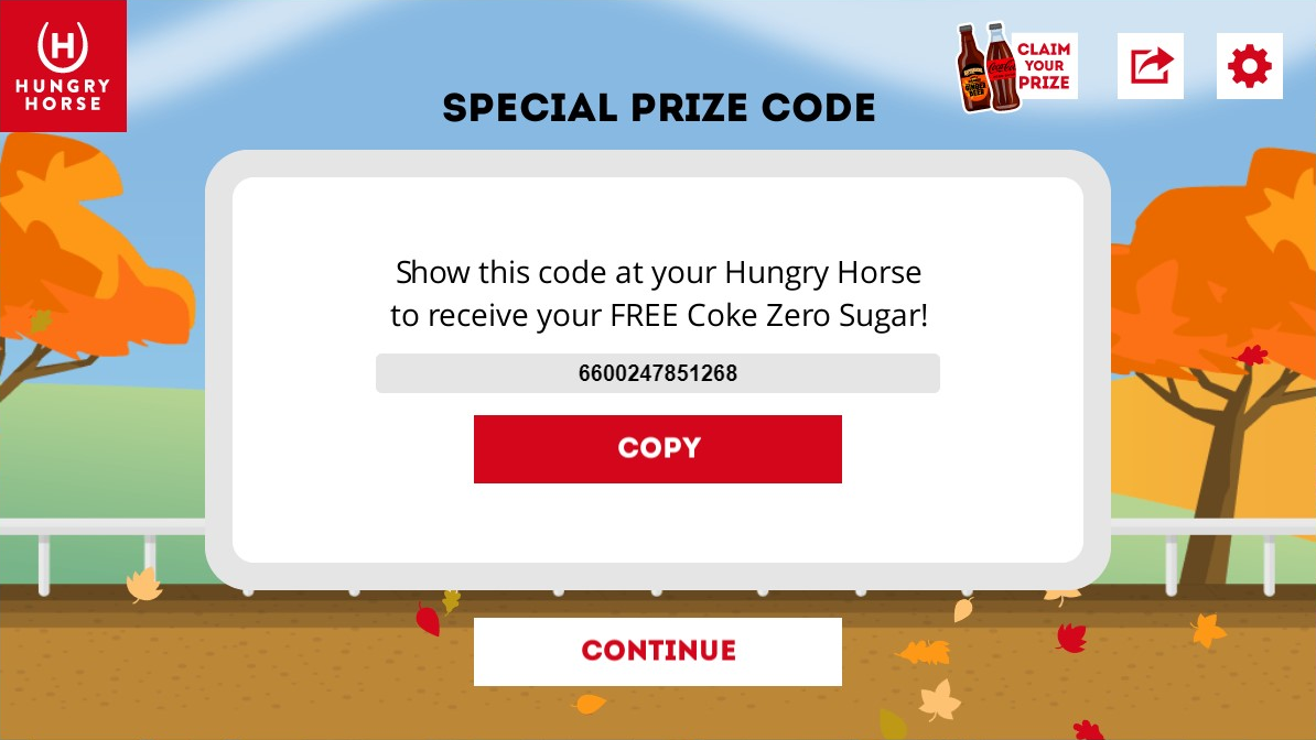 Crazy Horse Racing Game Instant Win Prize Code Screen