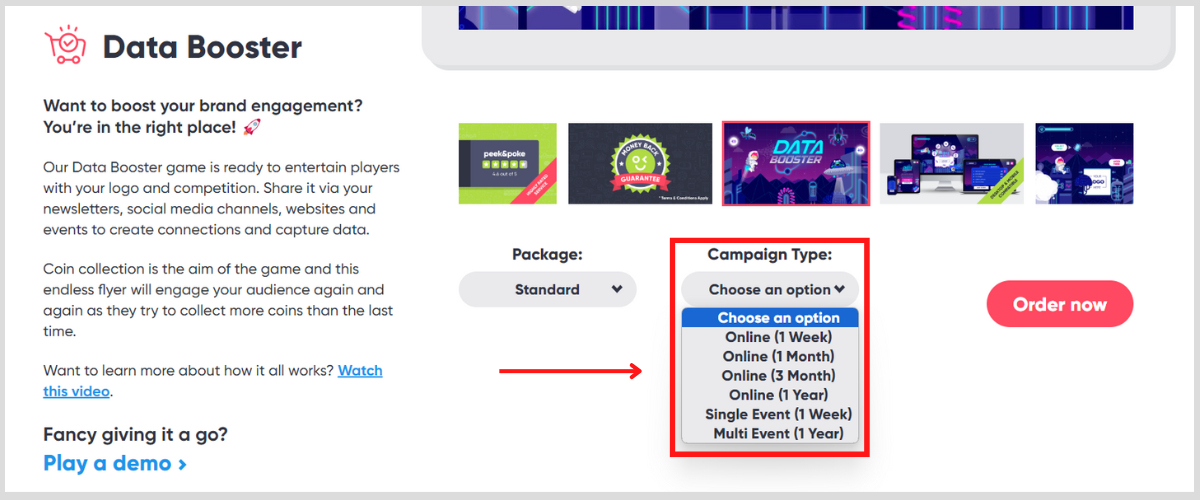 Selecting Campaign Type on Ready-to-go Game Product Page