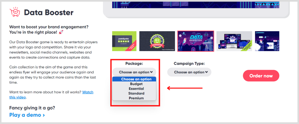 Selecting Package Type on Ready-to-go Game Product Page