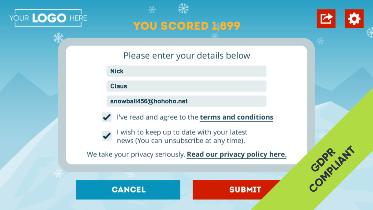 Santa Goes Skiing Game – Score Submission Screen