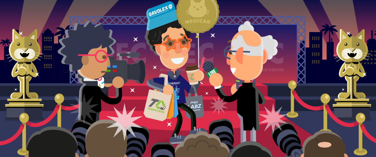 Trendy Character Holding Bags of Trade Show Giveaways 