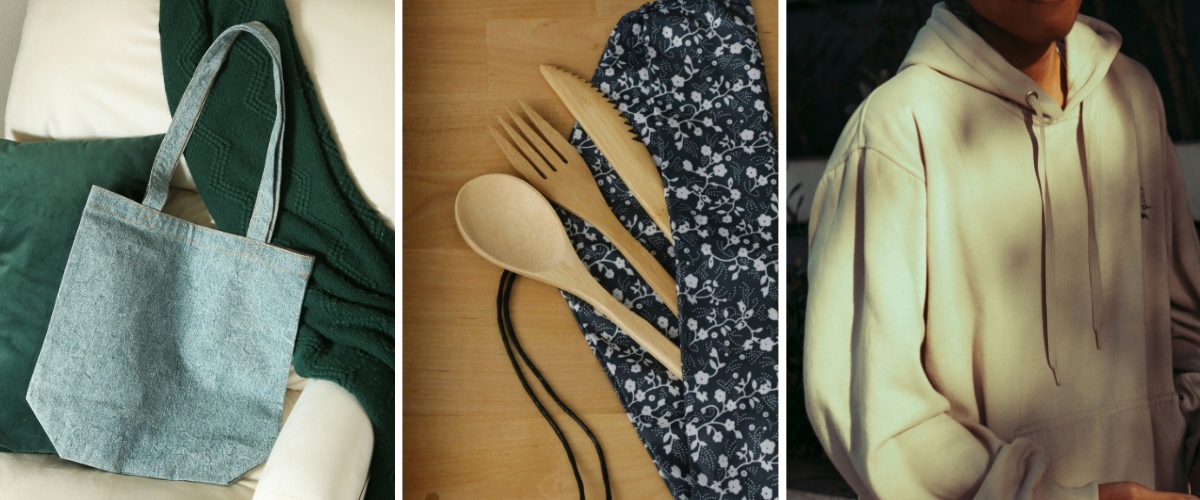 Examples of Sustainable Bag, Cutlery, and Clothing