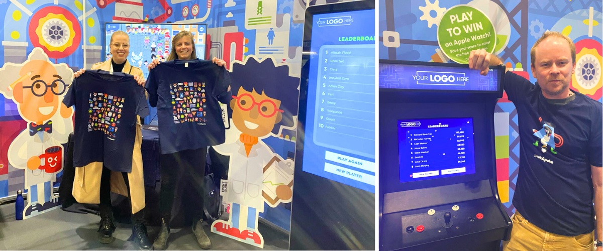 Photos of Visitors with Free Giveaways at Trade Show Stand