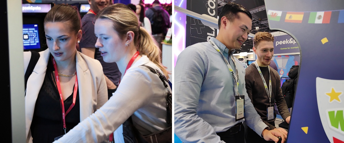 Engaged Attendees Playing Games at Trade Show Booth