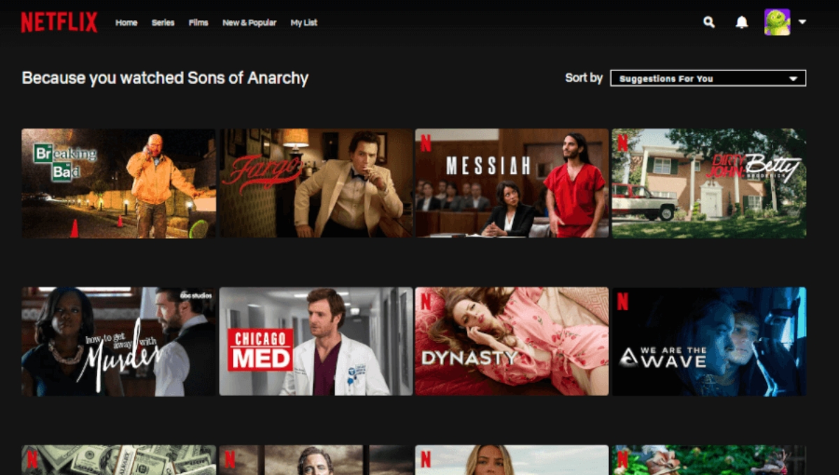 Netflix Home Screen Showing Personalised Recommendations for Customers