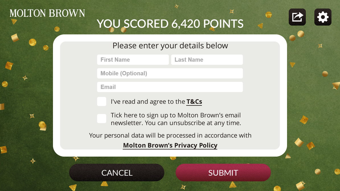 Molton Brown Branded Game Score Submission