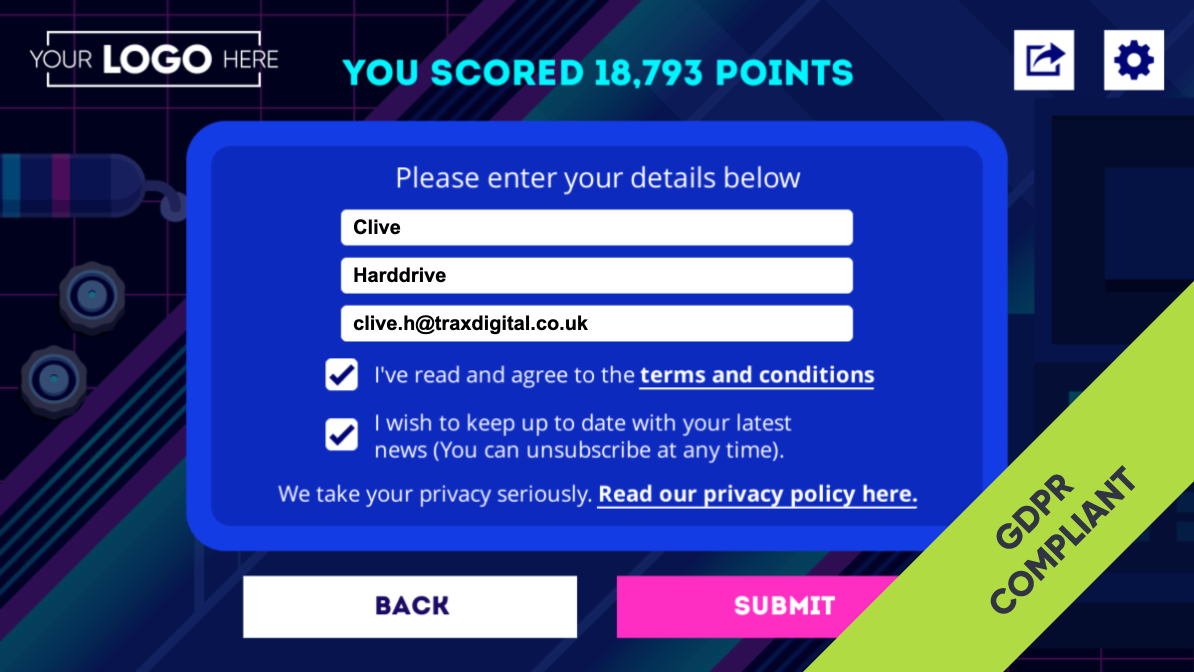 Data Racer Player Submit Score Screen