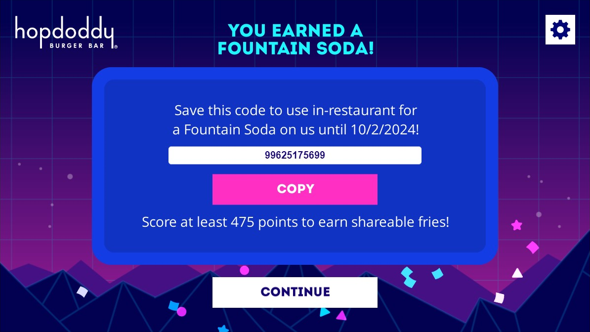 Hopdoddy Restaurant Branded Game Soda Code